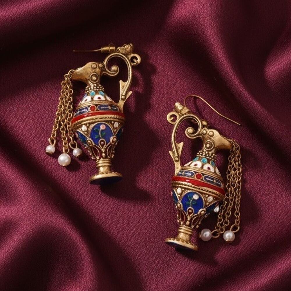 Medieval Museum Antique Earrings Vase Pitcher Art Pearl Gold Retro Flower Boho